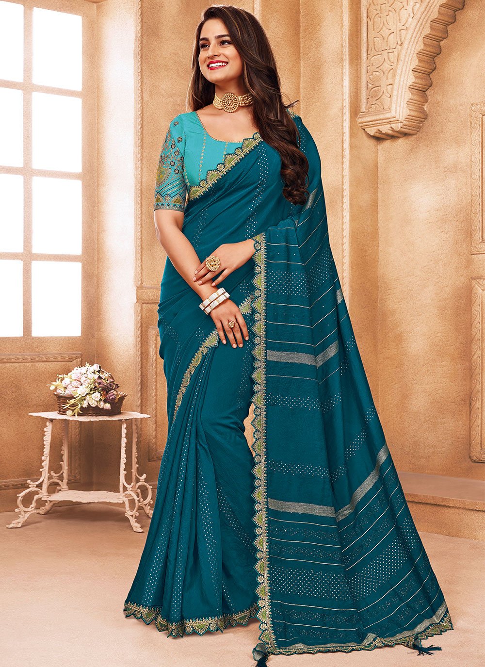 Traditional Saree Cotton Viscose Teal Patch Border Saree