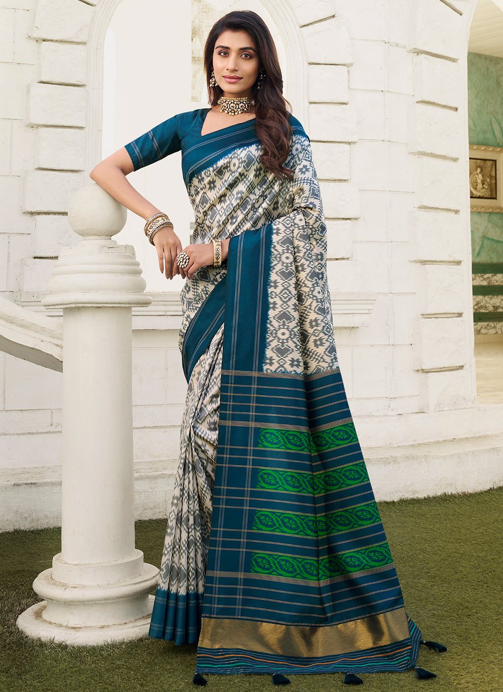 Classic Silk Cream Teal Digital Print Saree