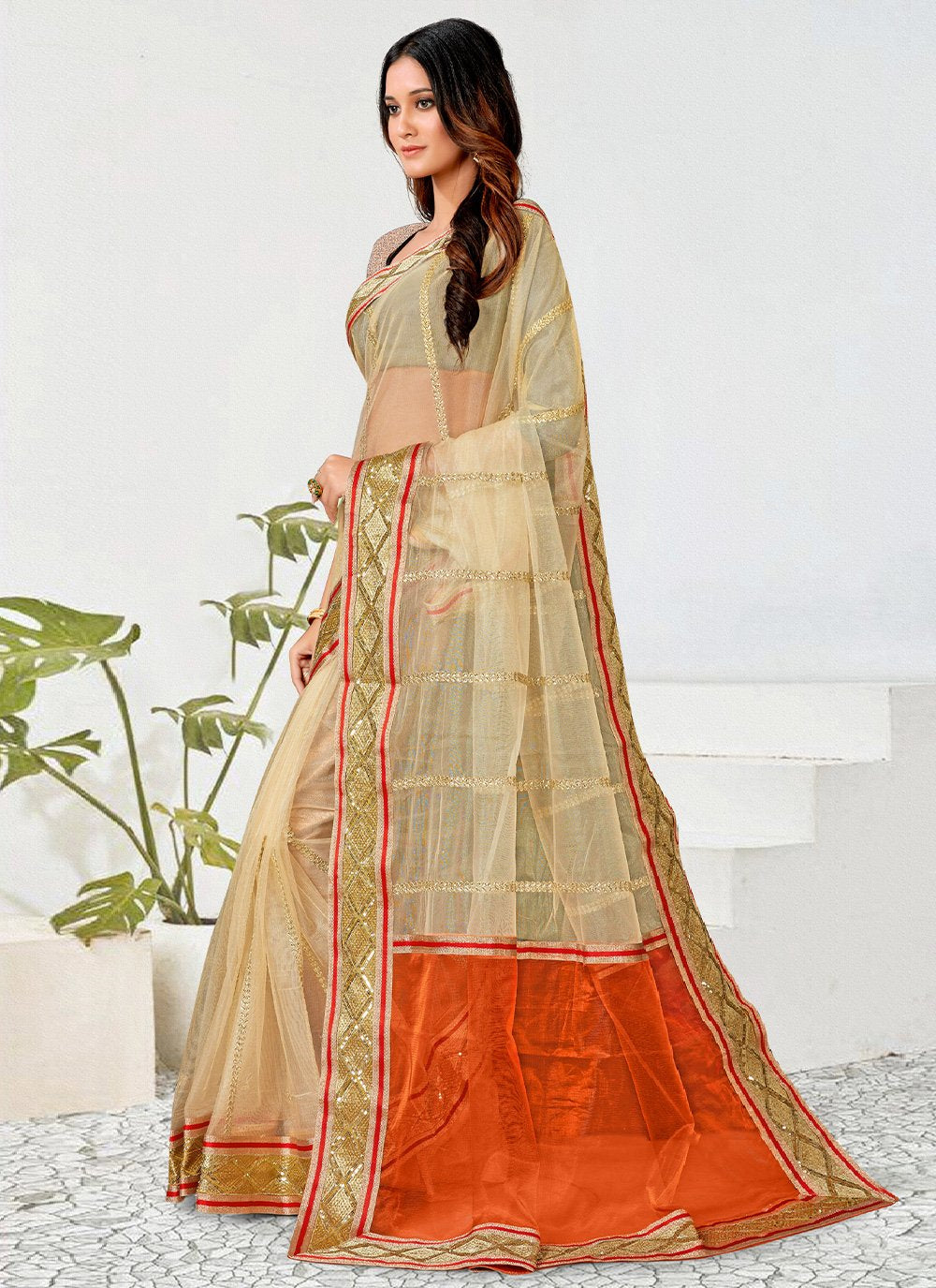 Classic Net Cream Patch Border Saree