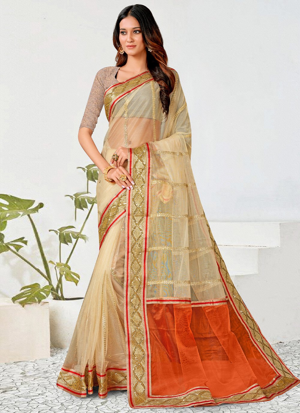 Classic Net Cream Patch Border Saree