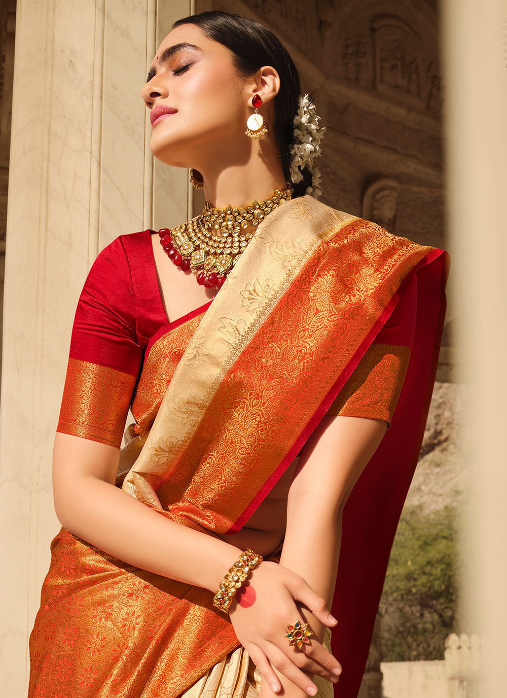 Classic Silk Cream Patch Border Saree