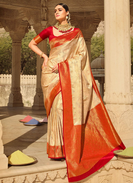 Classic Silk Cream Patch Border Saree