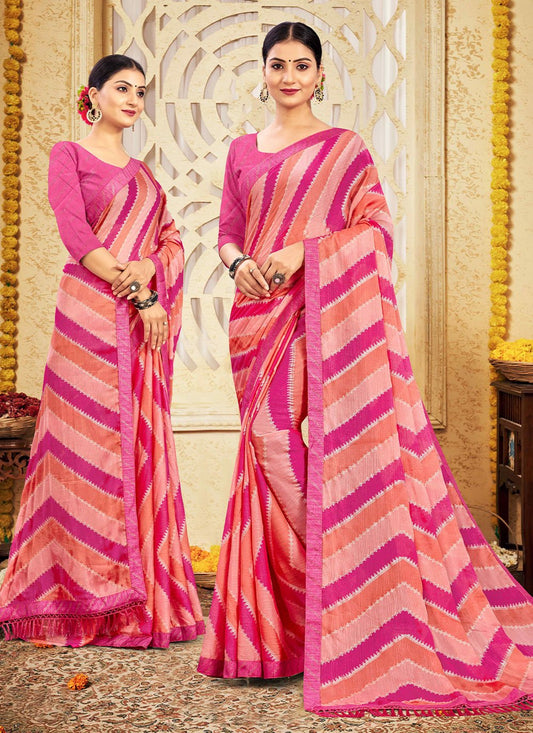 Designer Chiffon Pink Patch Border Saree