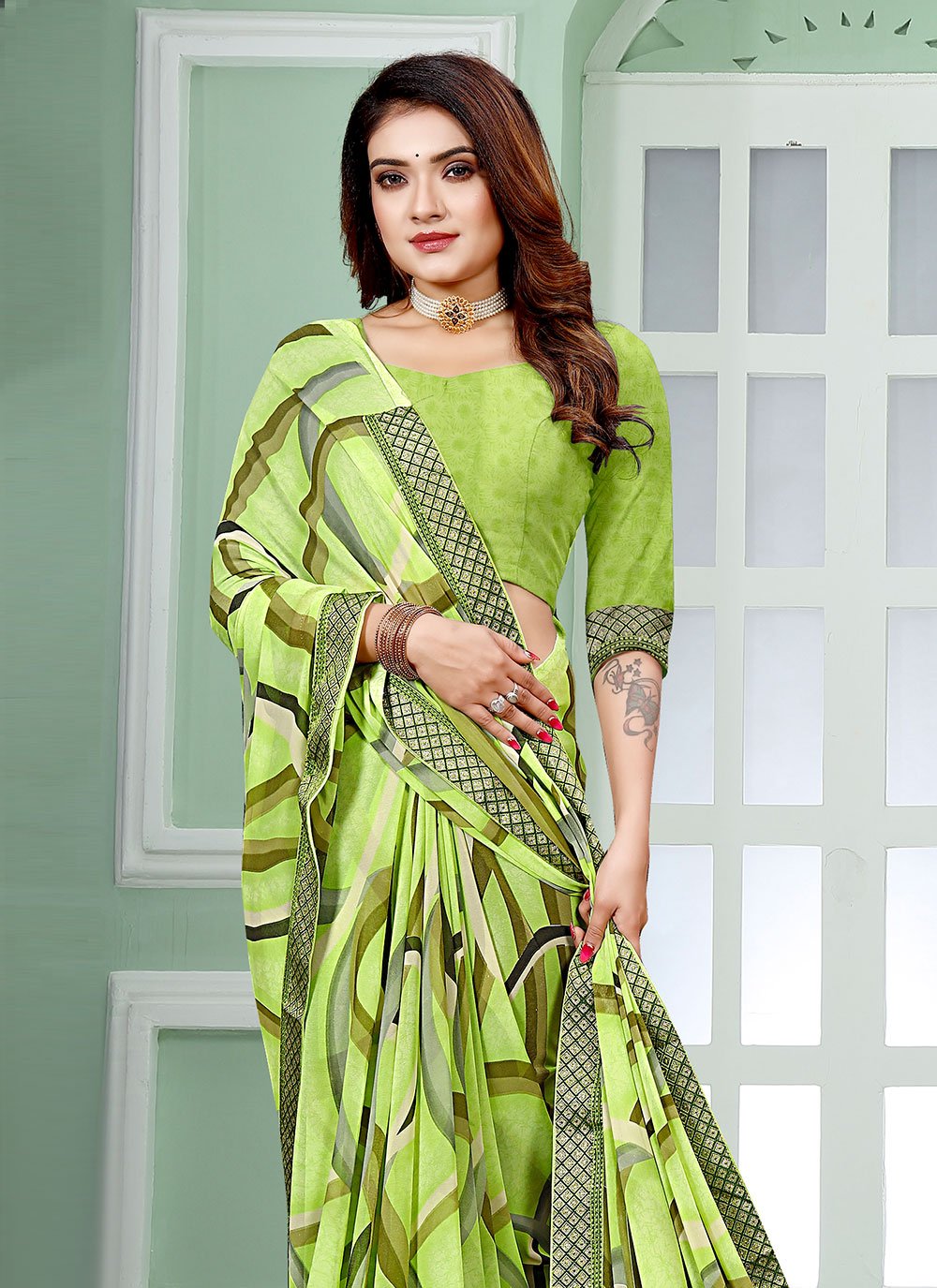 Classic Faux Georgette Sea Green Patch Border Saree