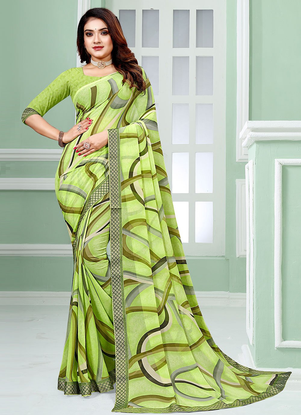 Classic Faux Georgette Sea Green Patch Border Saree