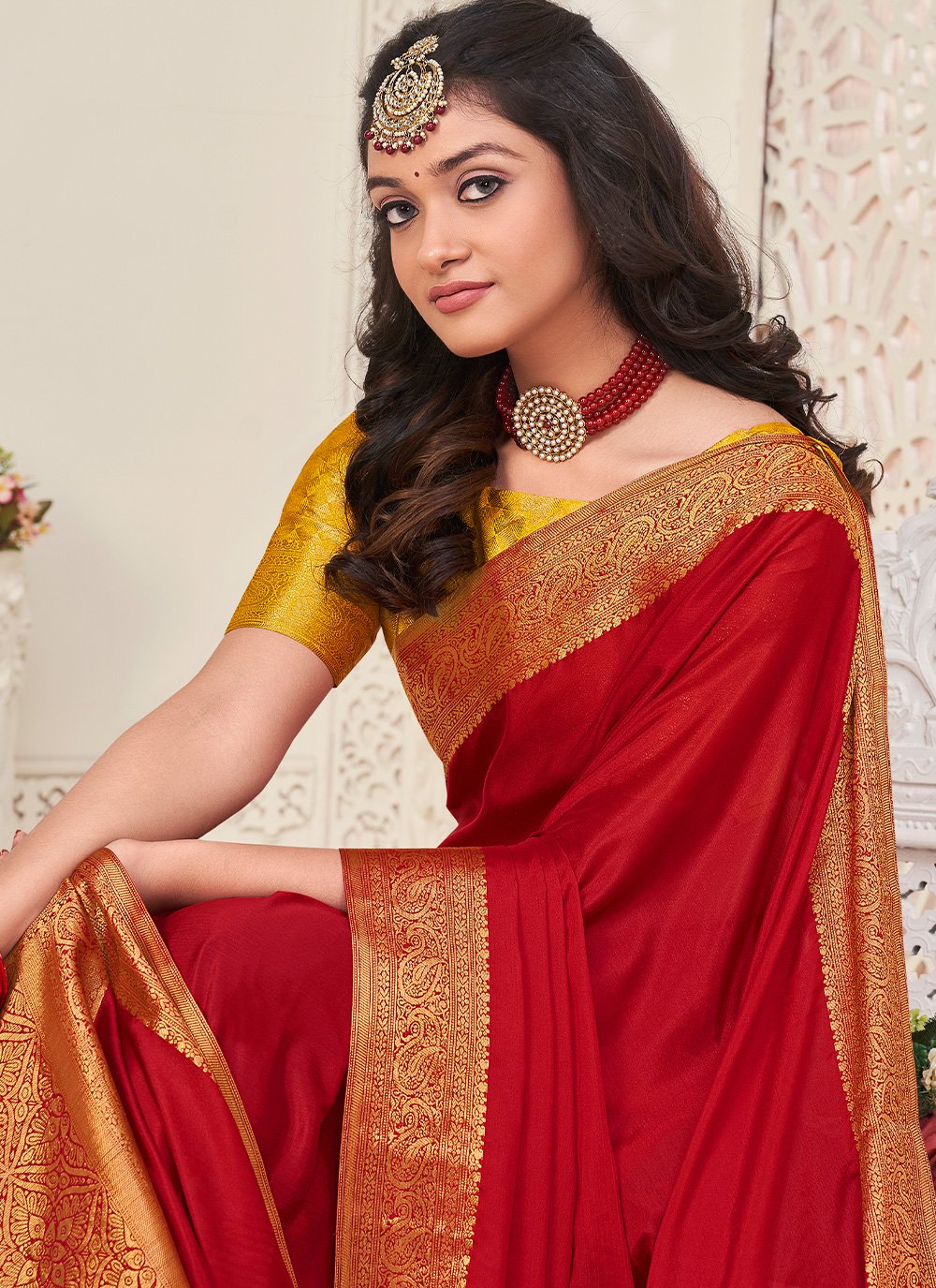 Classic Chinon Silk Red Patch Border Saree