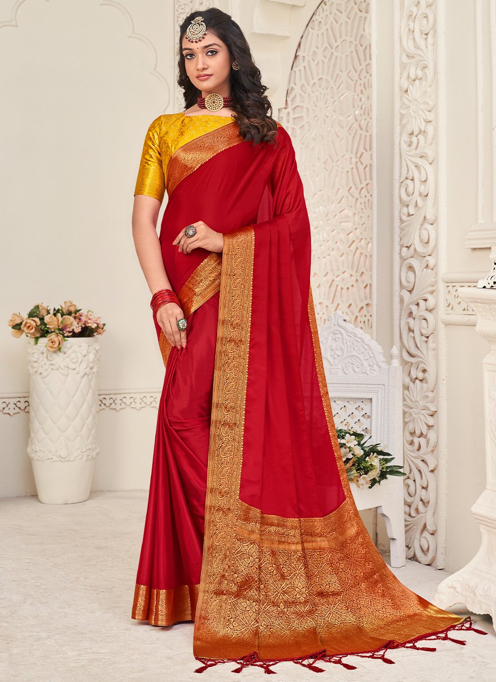 Classic Chinon Silk Red Patch Border Saree