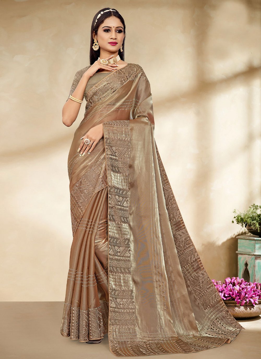 Trendy Saree Fancy Fabric Gold Patch Border Saree