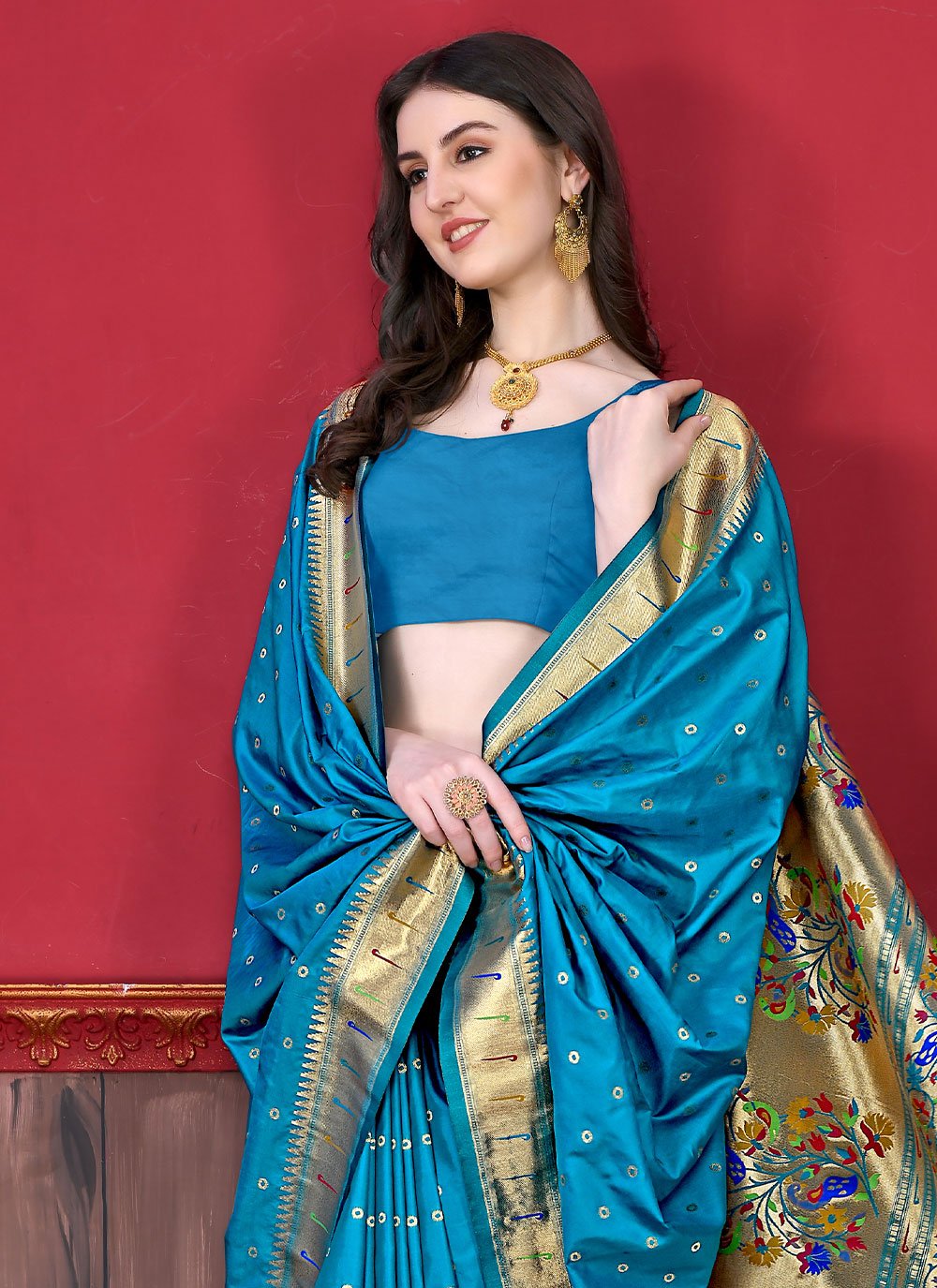 Contemporary Silk Firozi Patch Border Saree