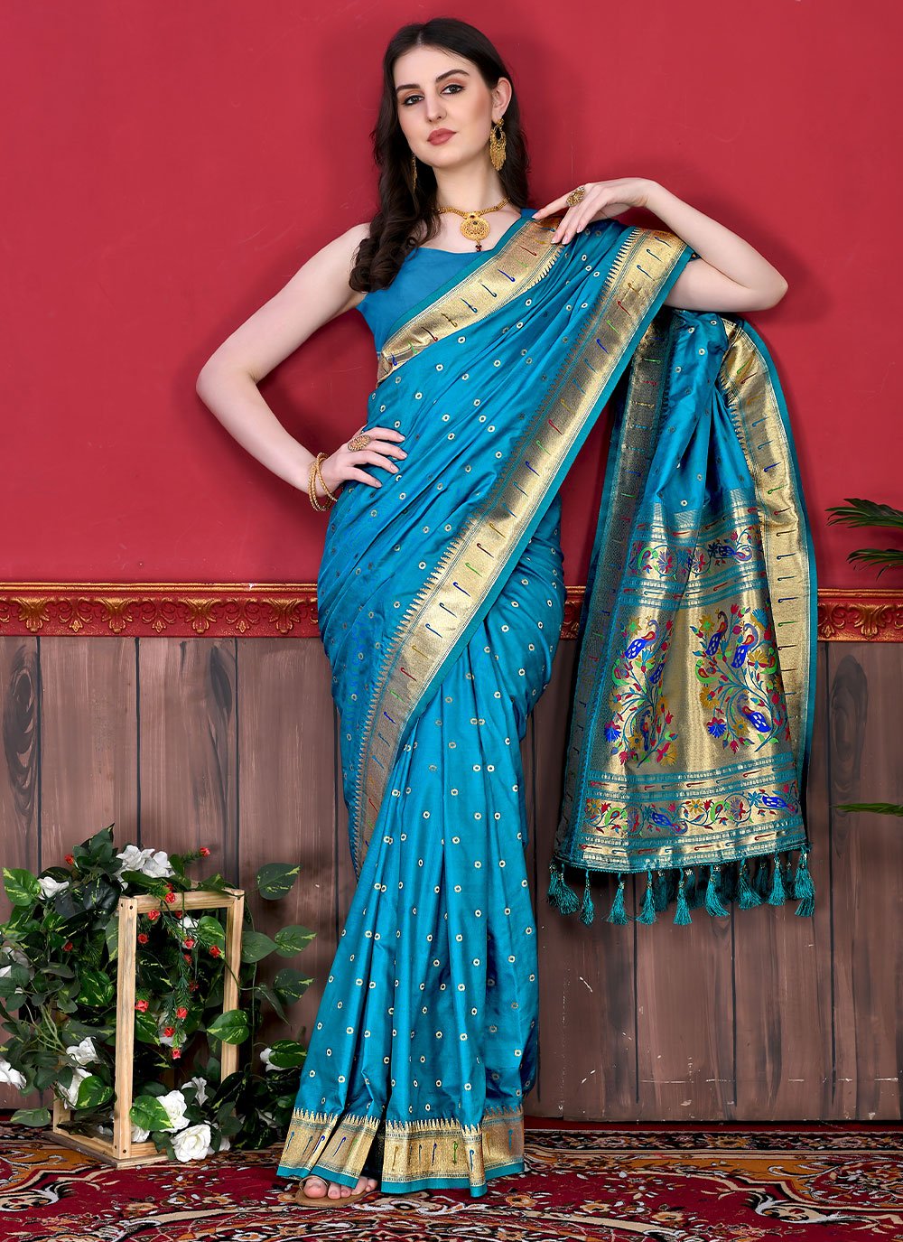 Contemporary Silk Firozi Patch Border Saree