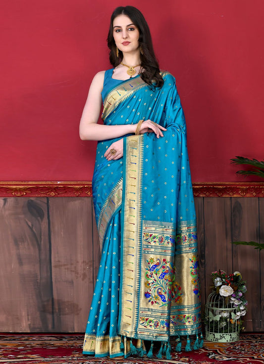 Contemporary Silk Firozi Patch Border Saree