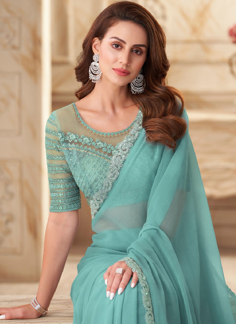 Designer Georgette Silk Aqua Blue Embroidered Saree