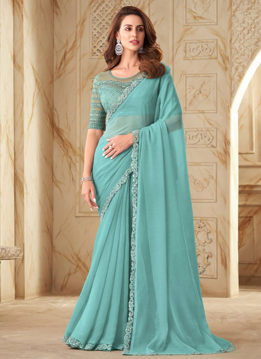 Designer Georgette Silk Aqua Blue Embroidered Saree