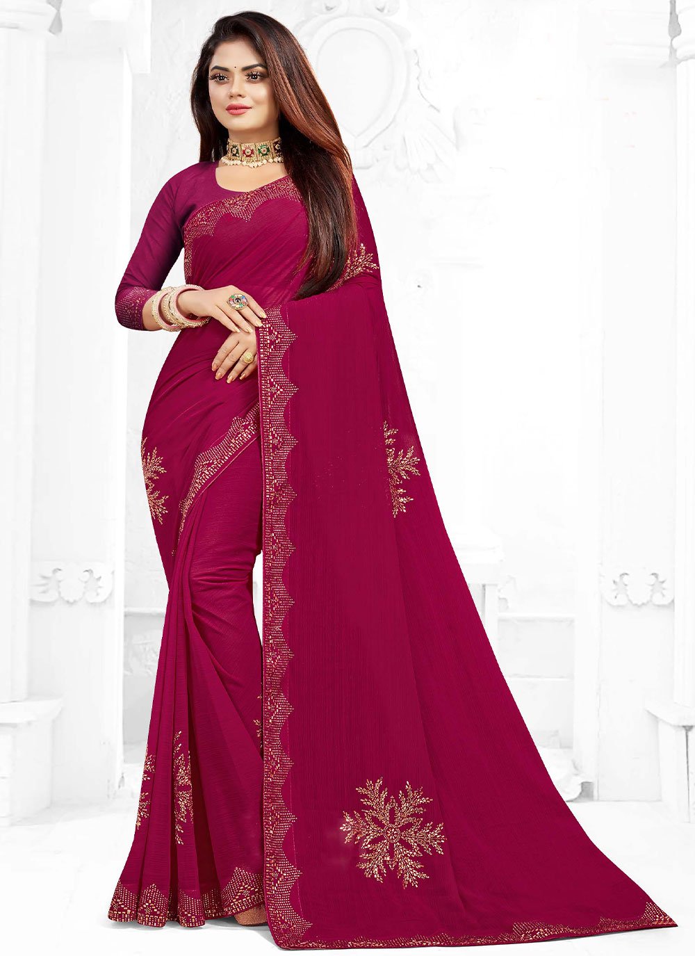 Classic Georgette Rani Lace Saree