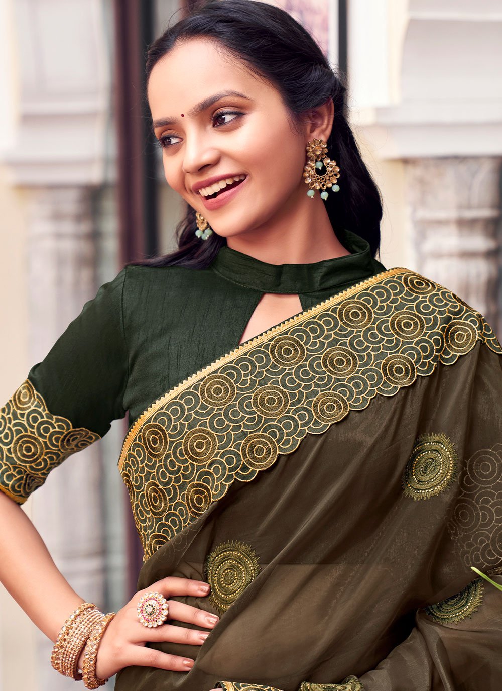 Classic Georgette Green Patch Border Saree