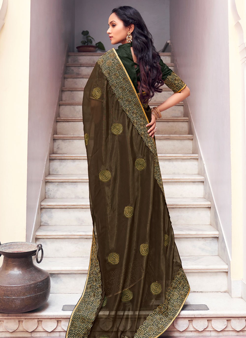 Classic Georgette Green Patch Border Saree