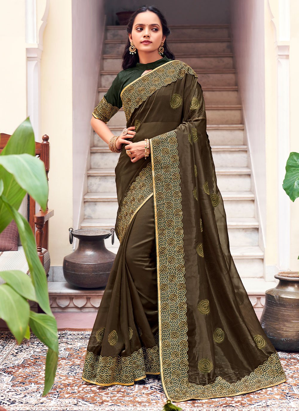 Classic Georgette Green Patch Border Saree