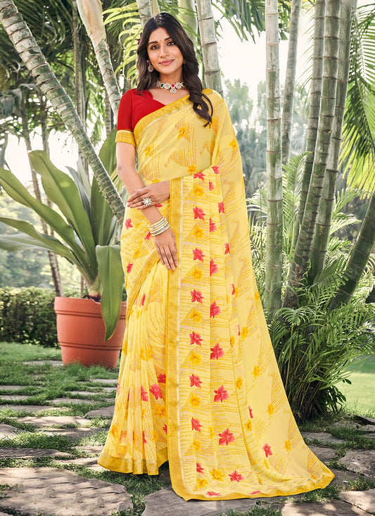 Classic Designer Georgette Yellow Patch Border Saree