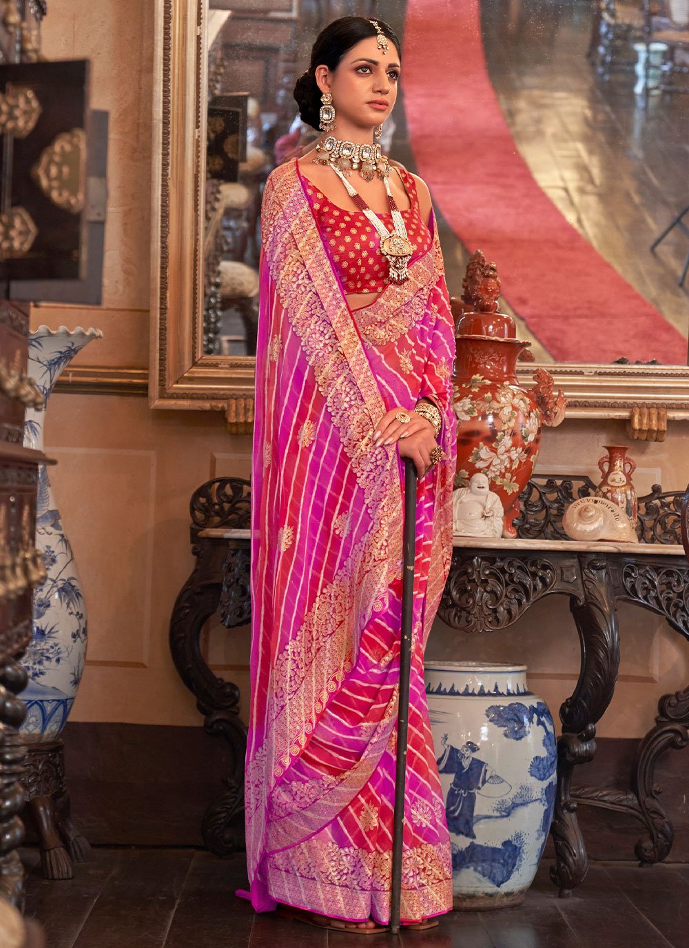 Classic Georgette Pink Patch Border Saree