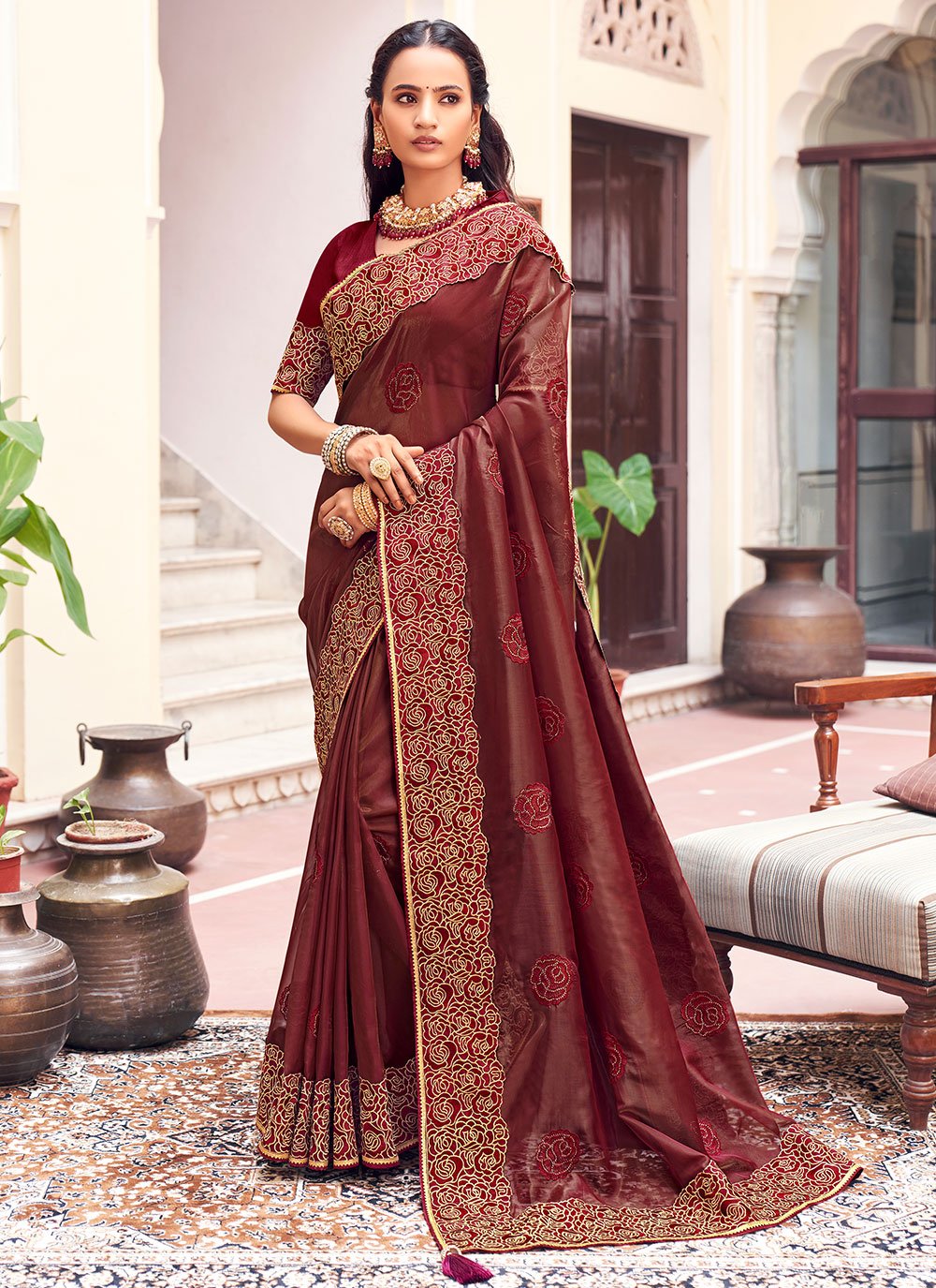 Contemporary Georgette Wine Patch Border Saree