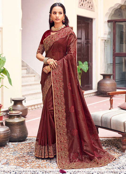 Contemporary Georgette Wine Patch Border Saree
