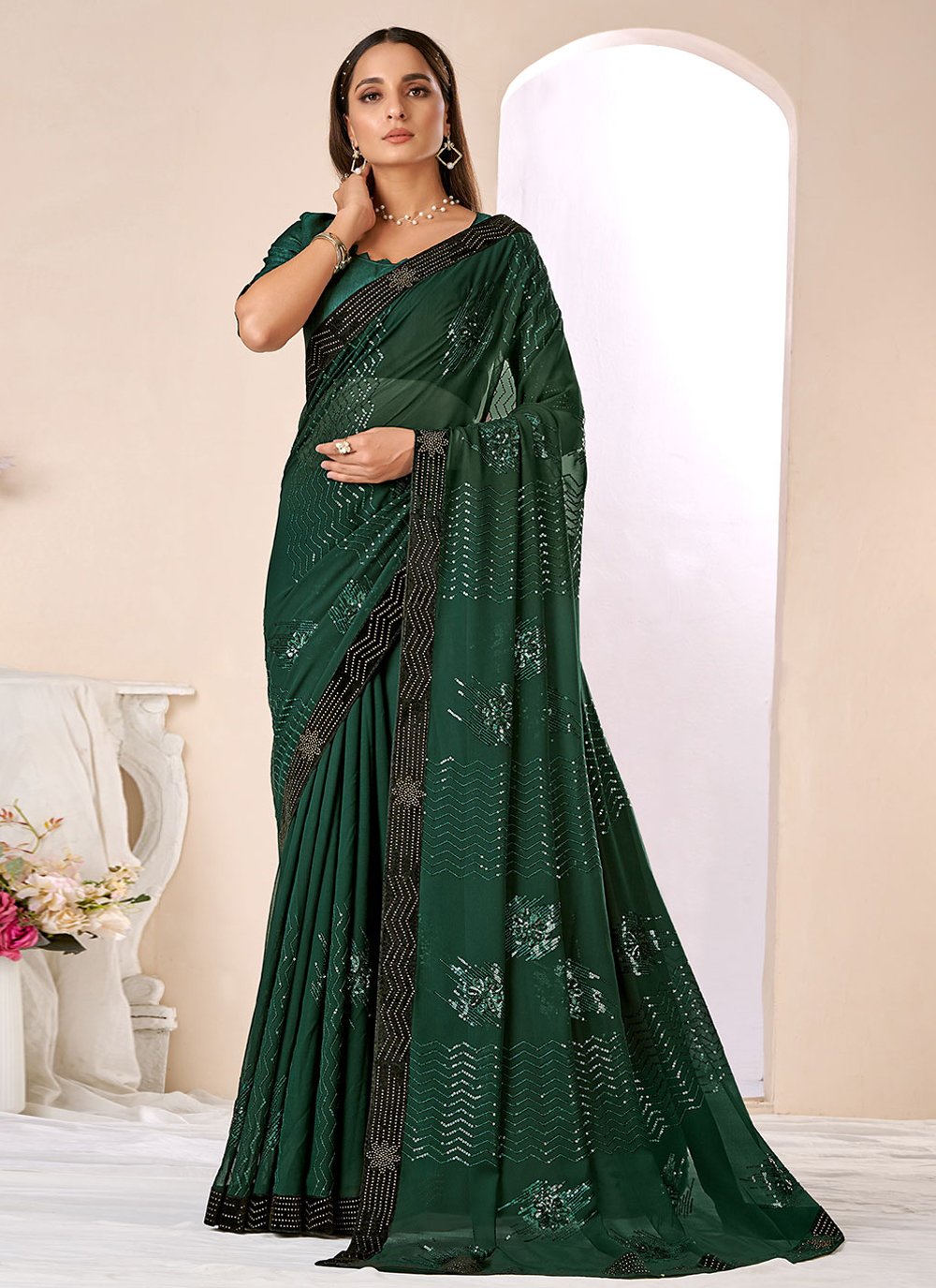 Traditional Saree Bembarg Georgette Green Patch Border Saree