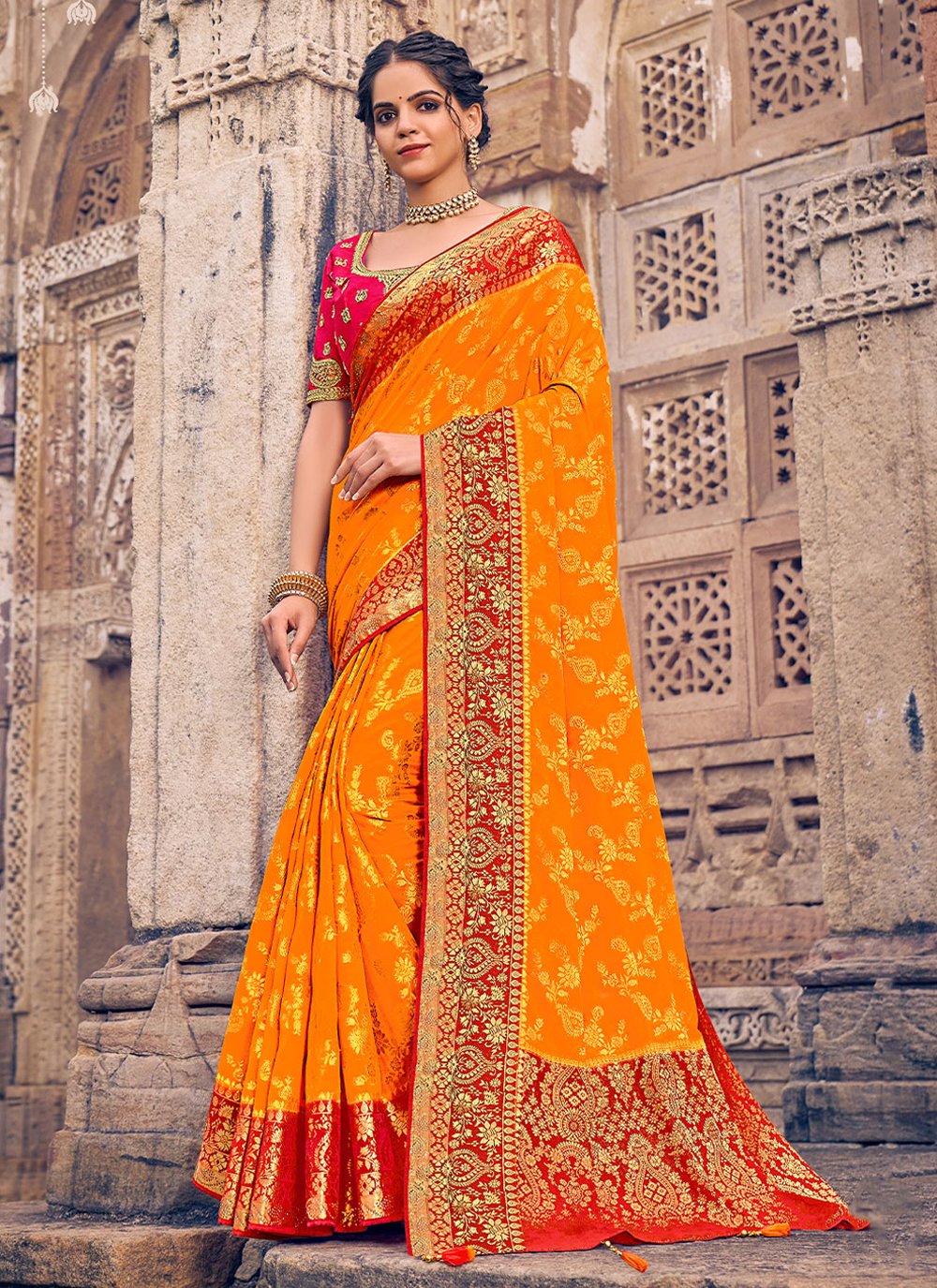 Classic Georgette Orange Patch Border Saree