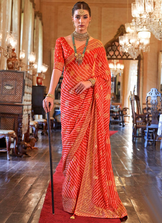 Contemporary Georgette Orange Patch Border Saree