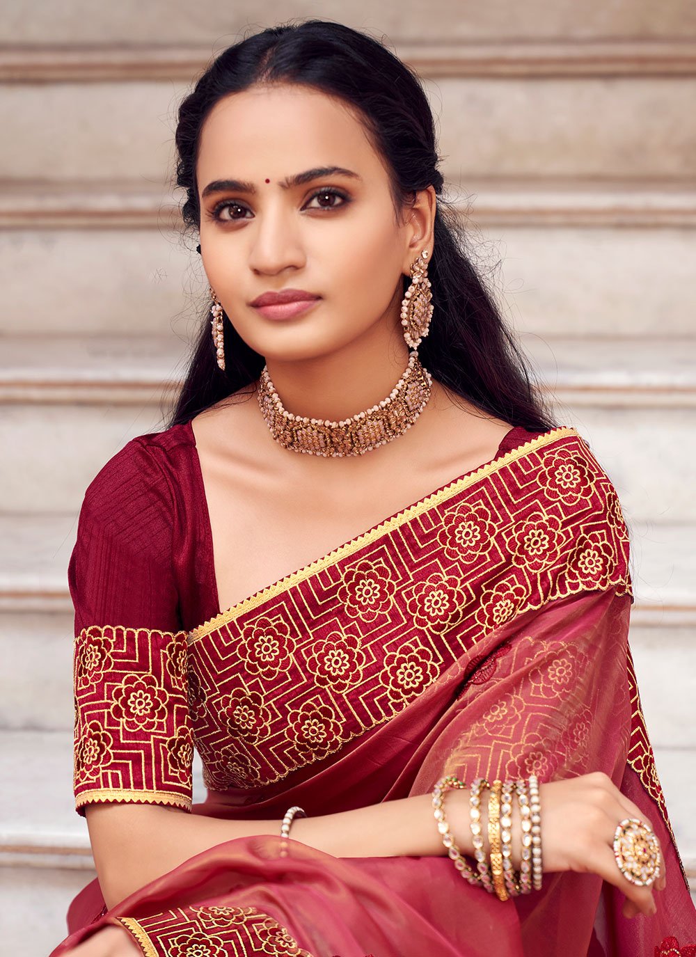 Contemporary Georgette Pink Patch Border Saree