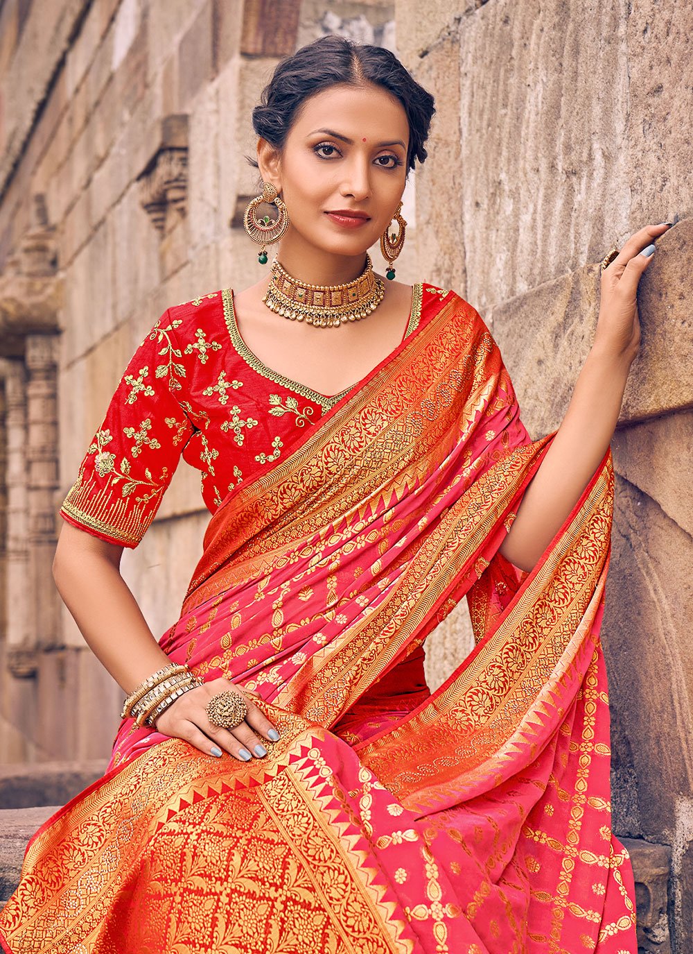 Classic Georgette Pink Embroidered Saree