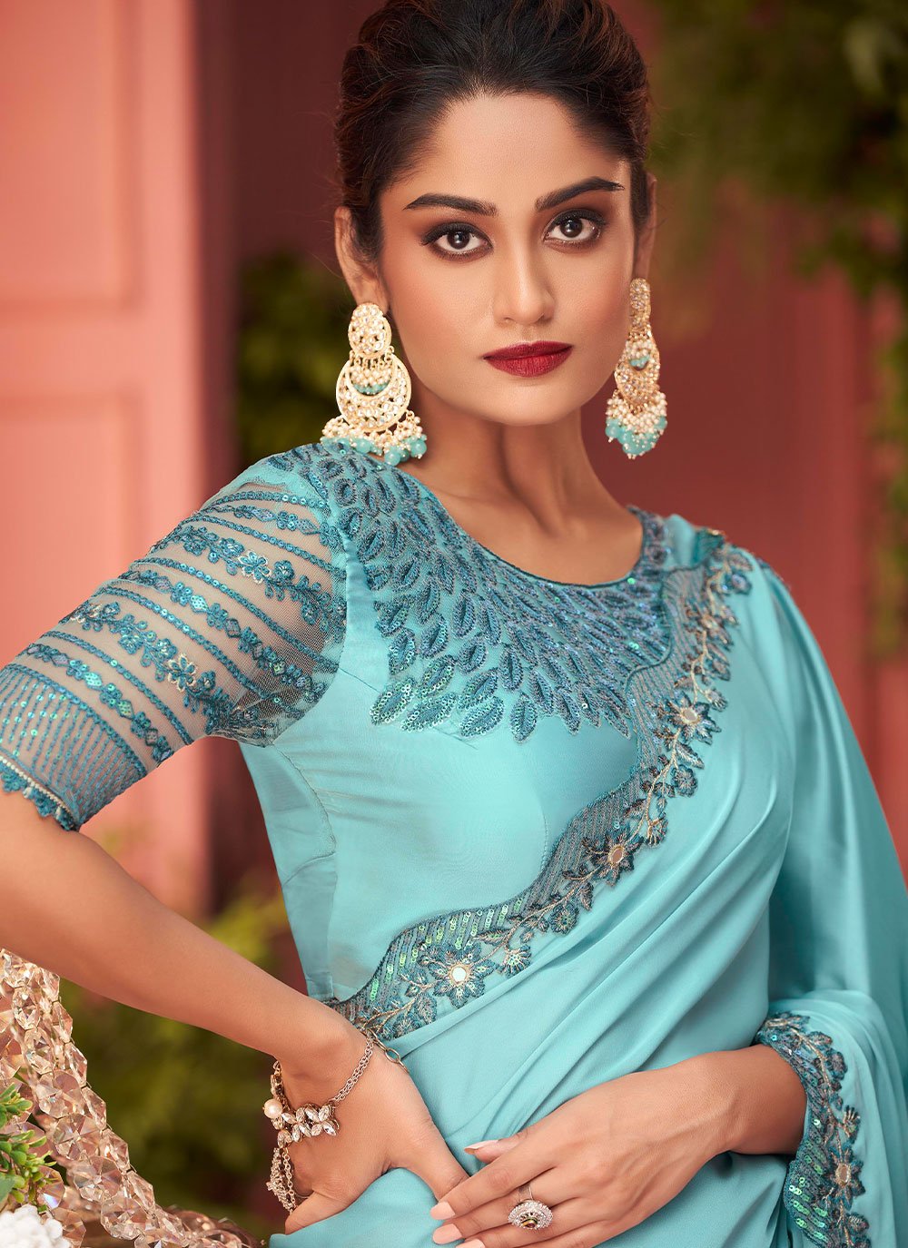 Classic Georgette Satin Turquoise Lace Saree