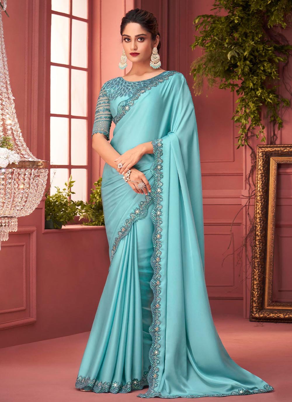 Classic Georgette Satin Turquoise Lace Saree