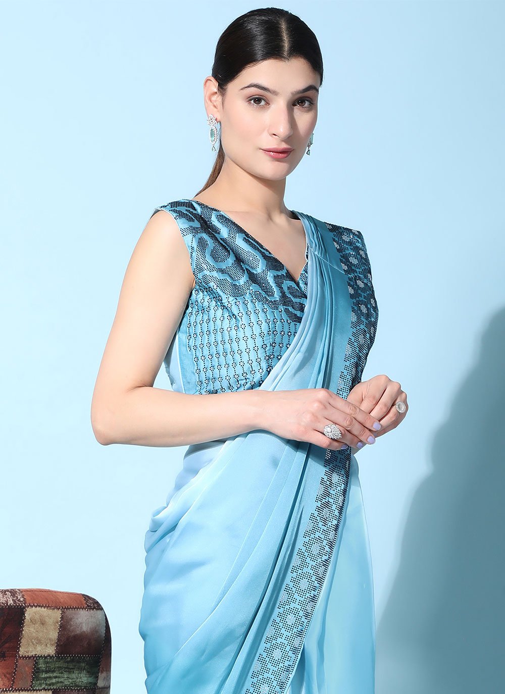 Contemporary Georgette Satin Aqua Blue Patch Border Saree