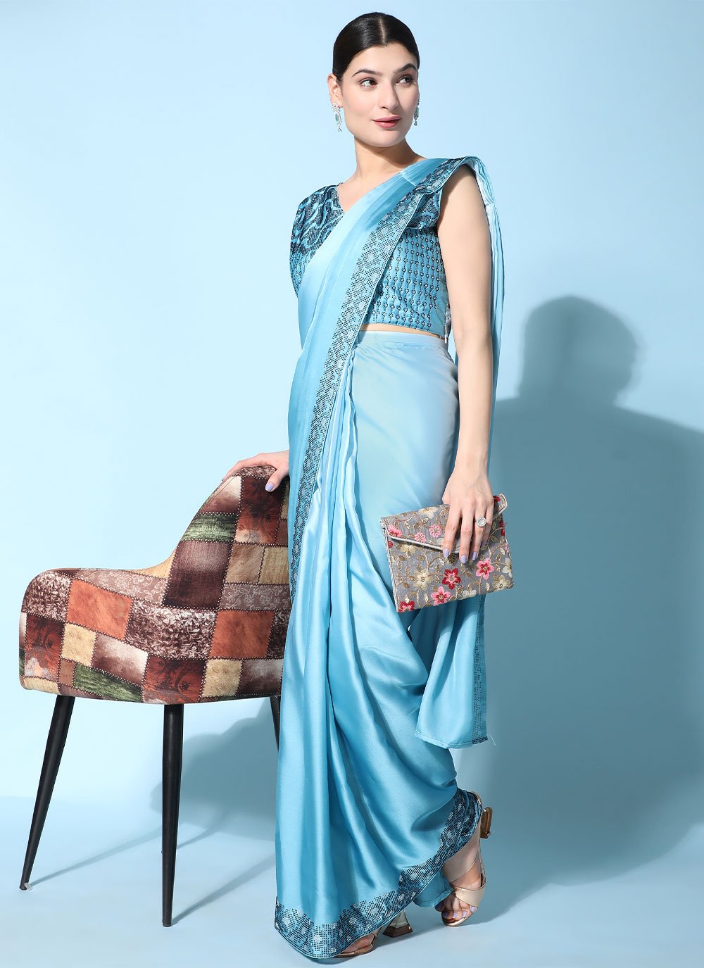 Contemporary Georgette Satin Aqua Blue Patch Border Saree