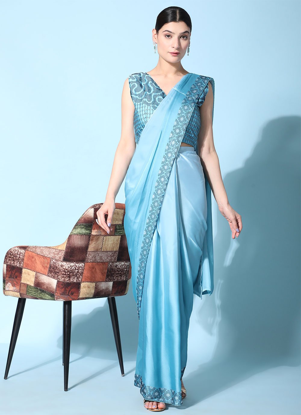 Contemporary Georgette Satin Aqua Blue Patch Border Saree