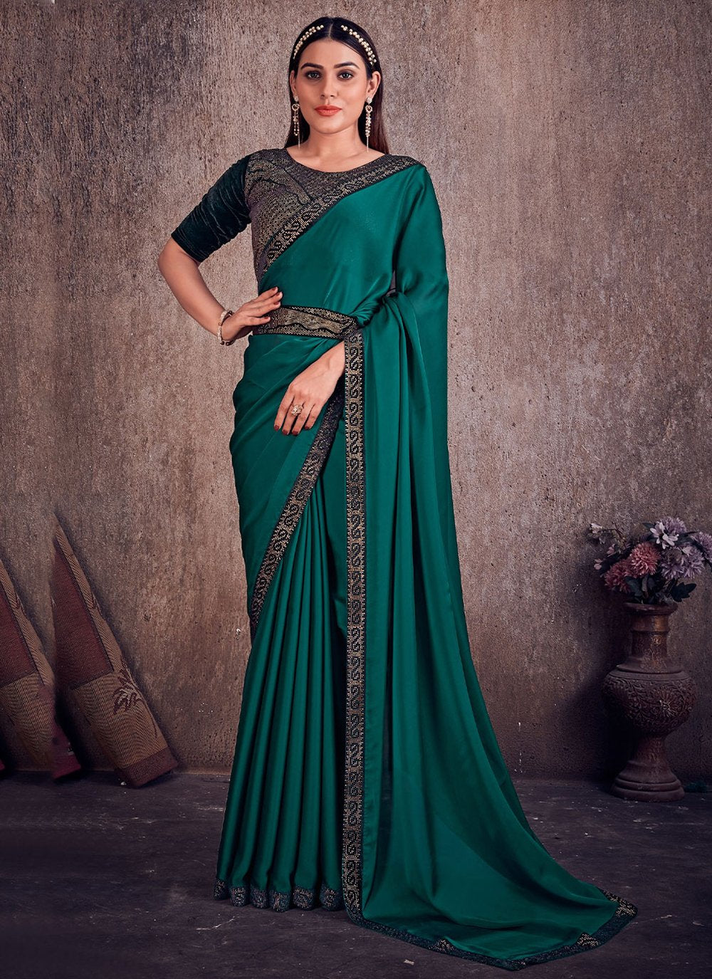 Contemporary Georgette Satin Rama Lace Saree