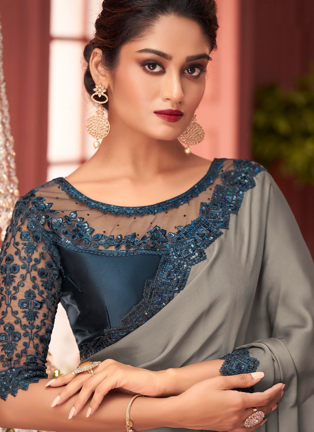 Trendy Saree Georgette Satin Grey Lace Saree