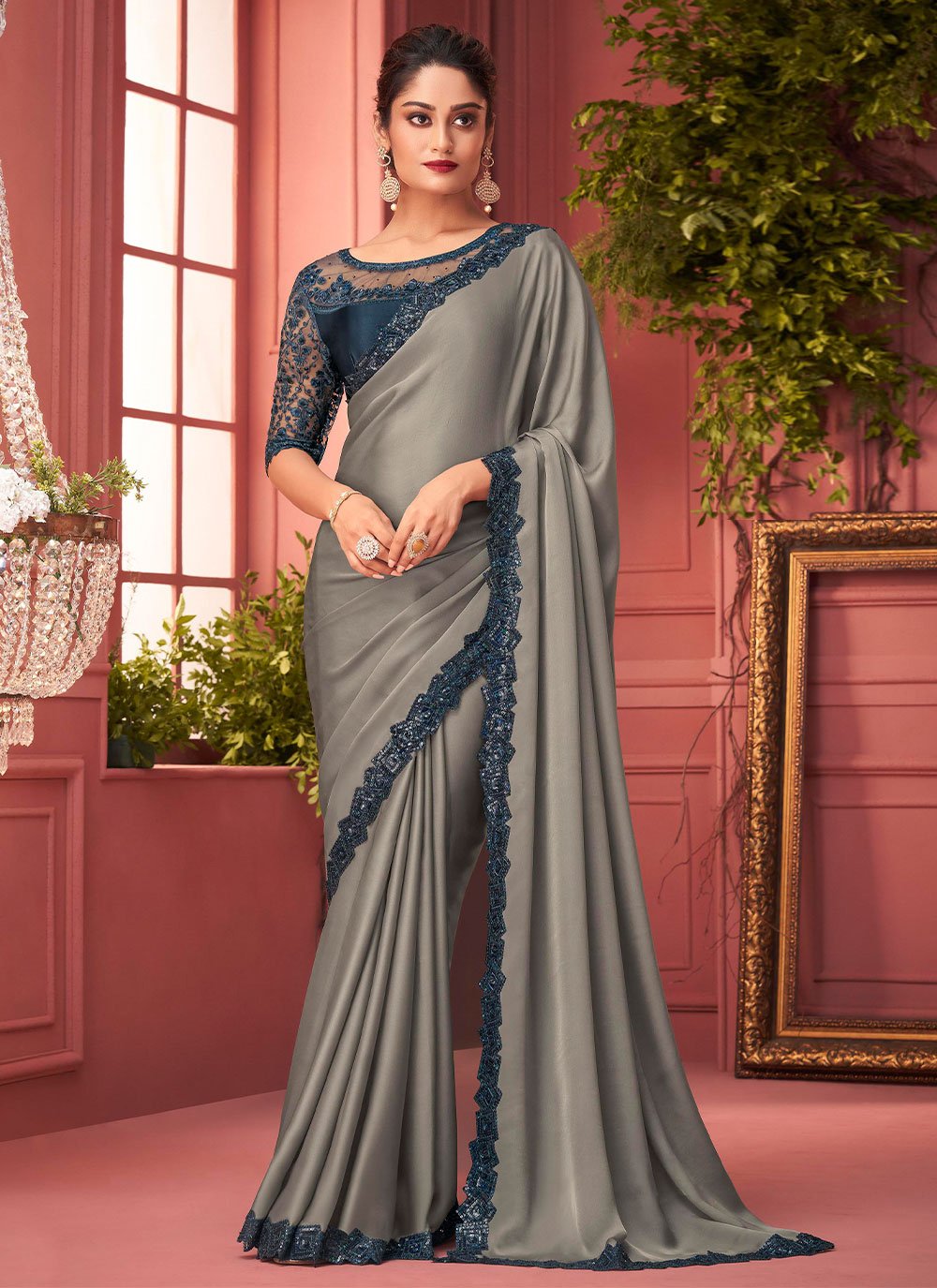 Trendy Saree Georgette Satin Grey Lace Saree