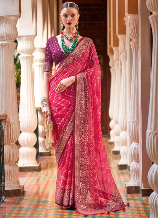 Trendy Saree Georgette Hot Pink Patch Border Saree