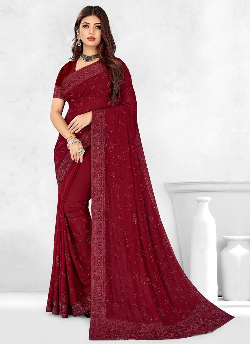 Trendy Saree Georgette Maroon Embroidered Saree