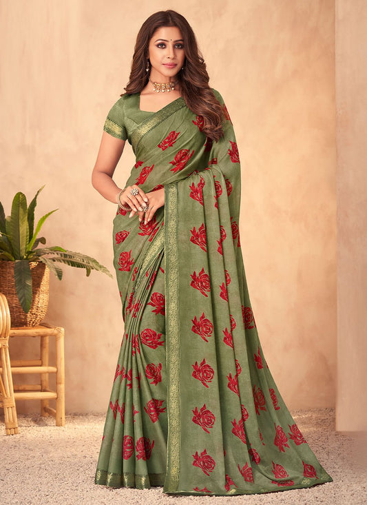 Classic Georgette Green Patch Border Saree