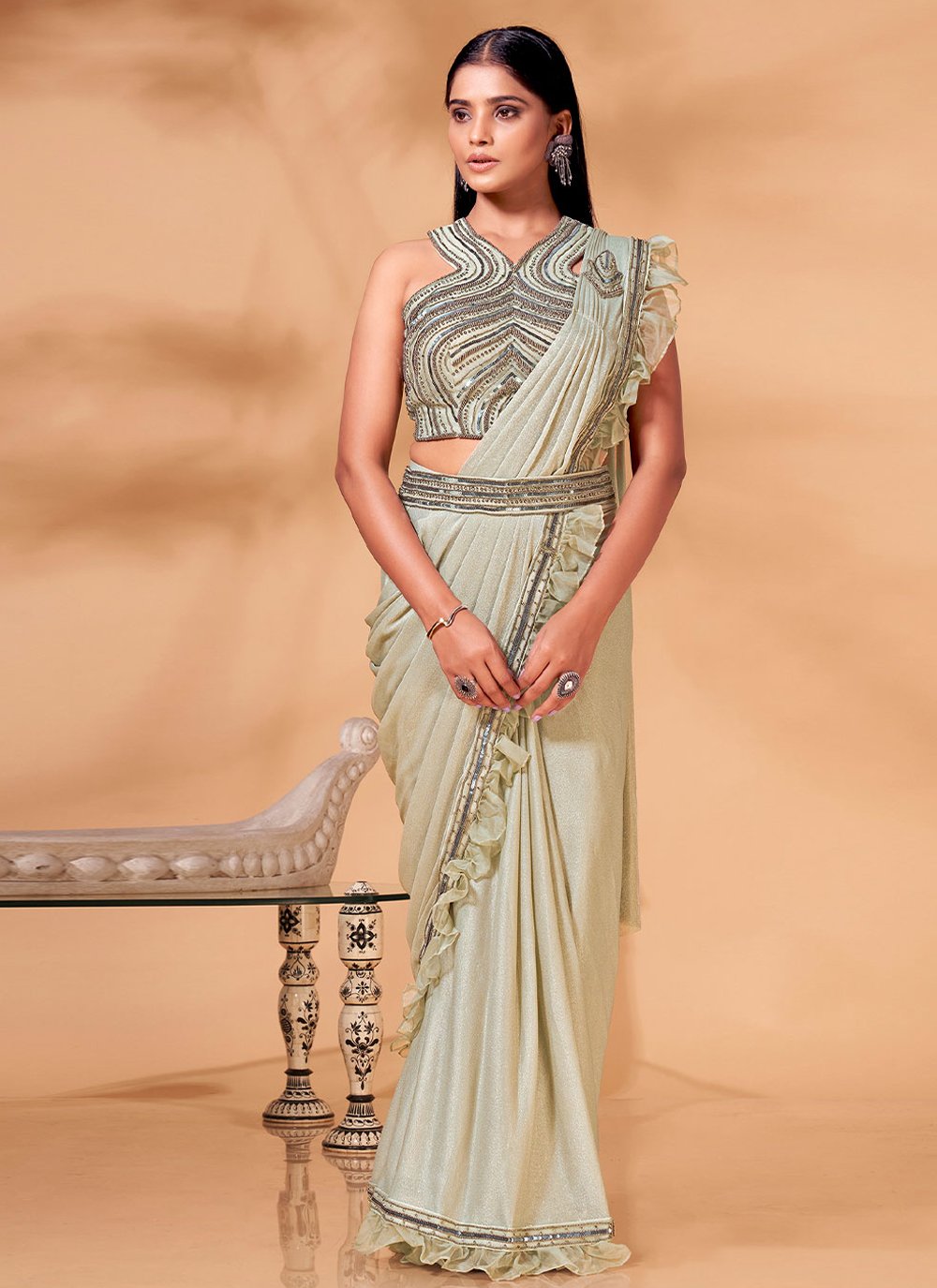 Designer Organza Shimmer Green Patch Border Saree