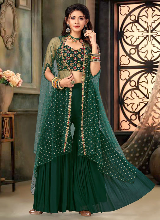 Jacket Style Suit Art Silk Net Green Embroidered Salwar Kameez