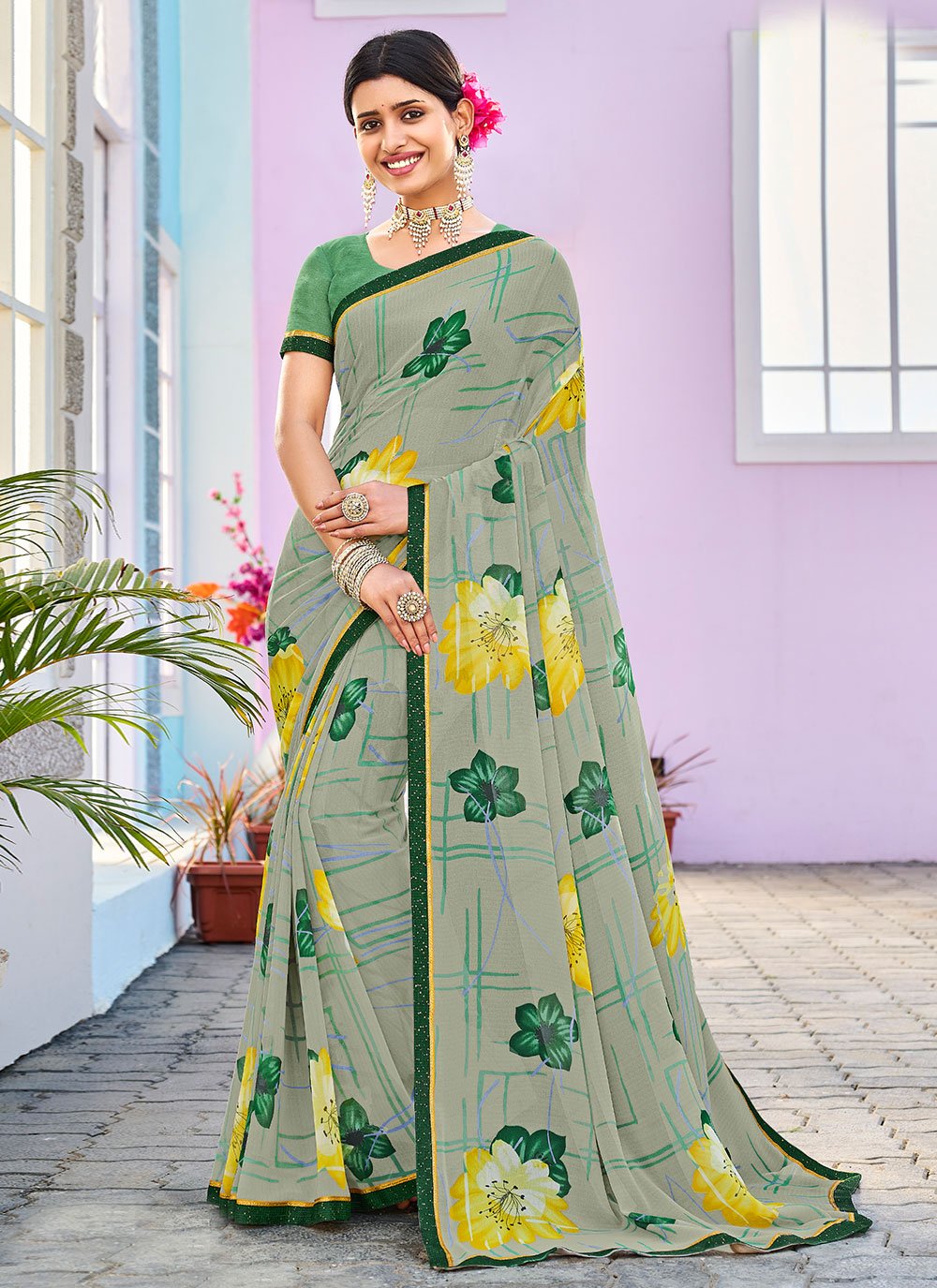 Trendy Saree Georgette Green Fancy Work Saree