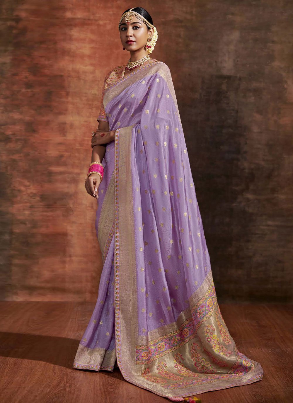 Contemporary Crepe Silk Pure Dola Lavender Kashmiri Saree