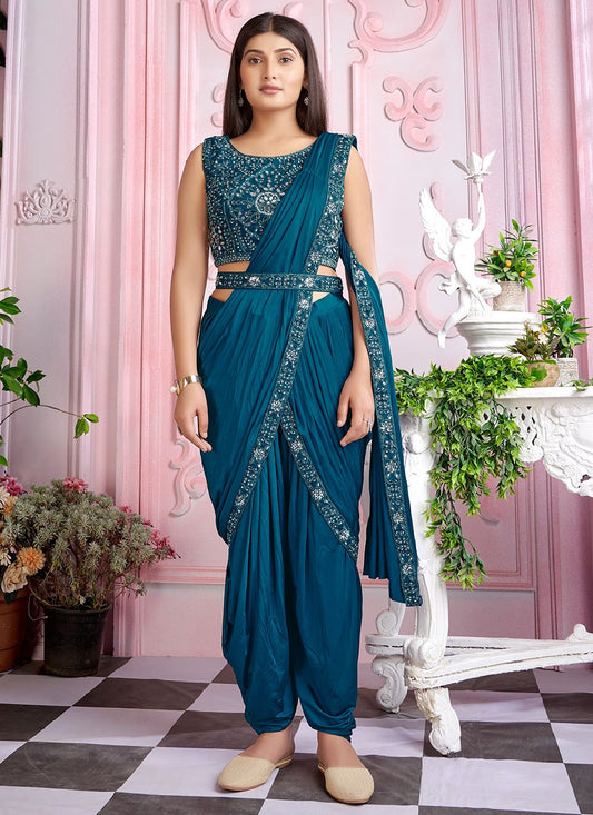 Classic Lycra Blue Rama Mirror Saree