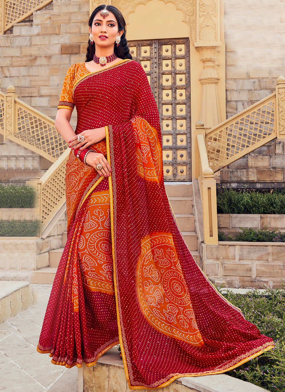 Classic Chiffon Maroon Bandhej Saree