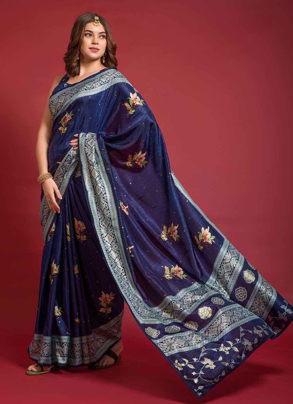 Casual Silk Blue Foil Print Saree