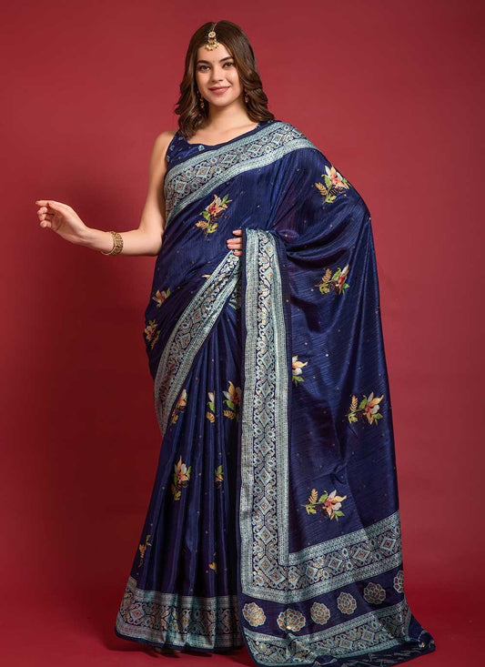 Casual Silk Blue Foil Print Saree