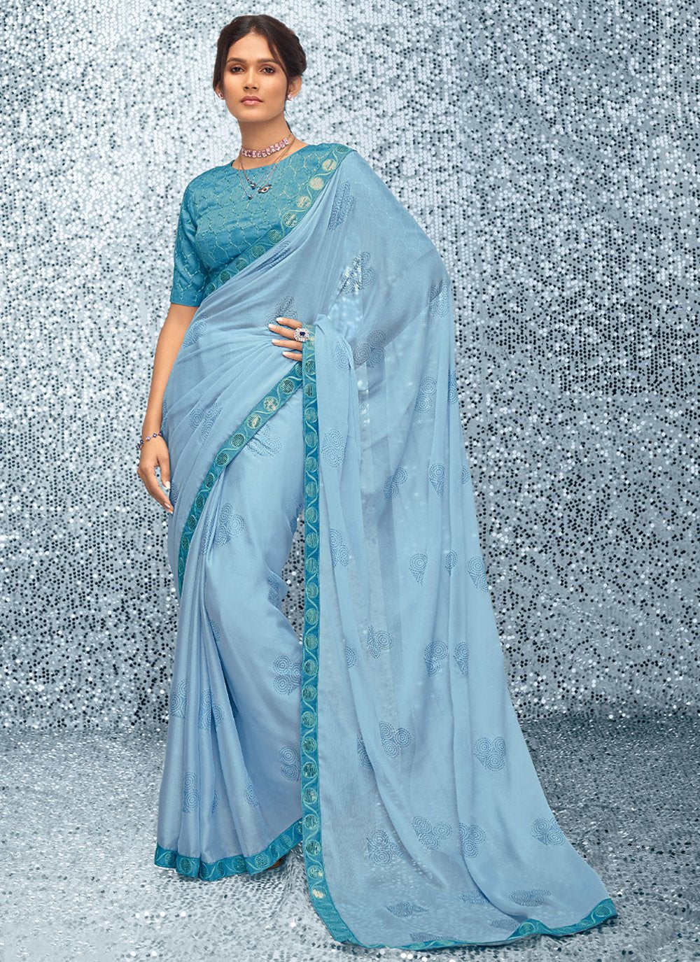 Classic Chiffon Aqua Blue Embroidered Saree